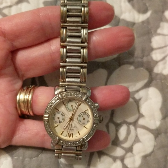 Worn Anne Klein watch with diamonds on bezel - Picture 3 of 5